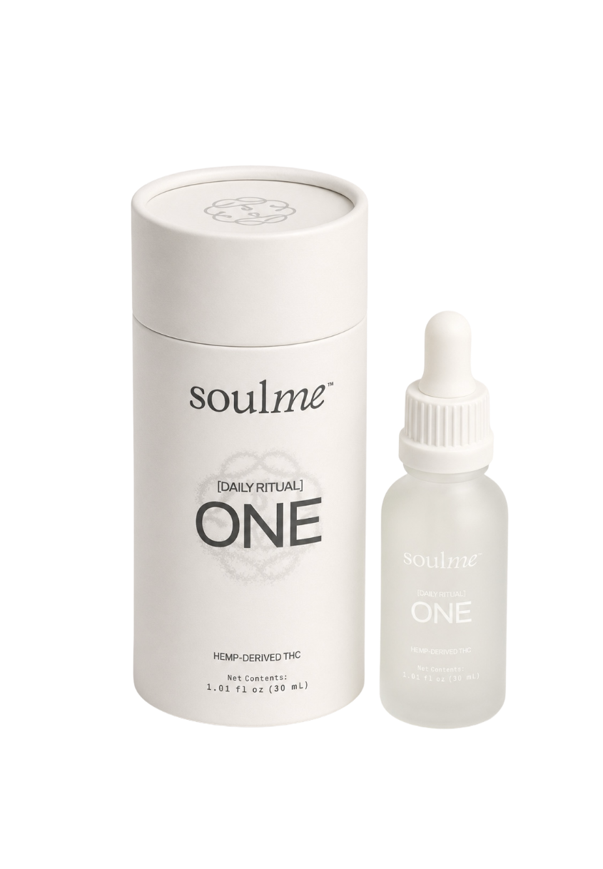 SoulMe ONE Daily Ritual bottle and white cylinder box, 30 mL hemp-derived THC drops