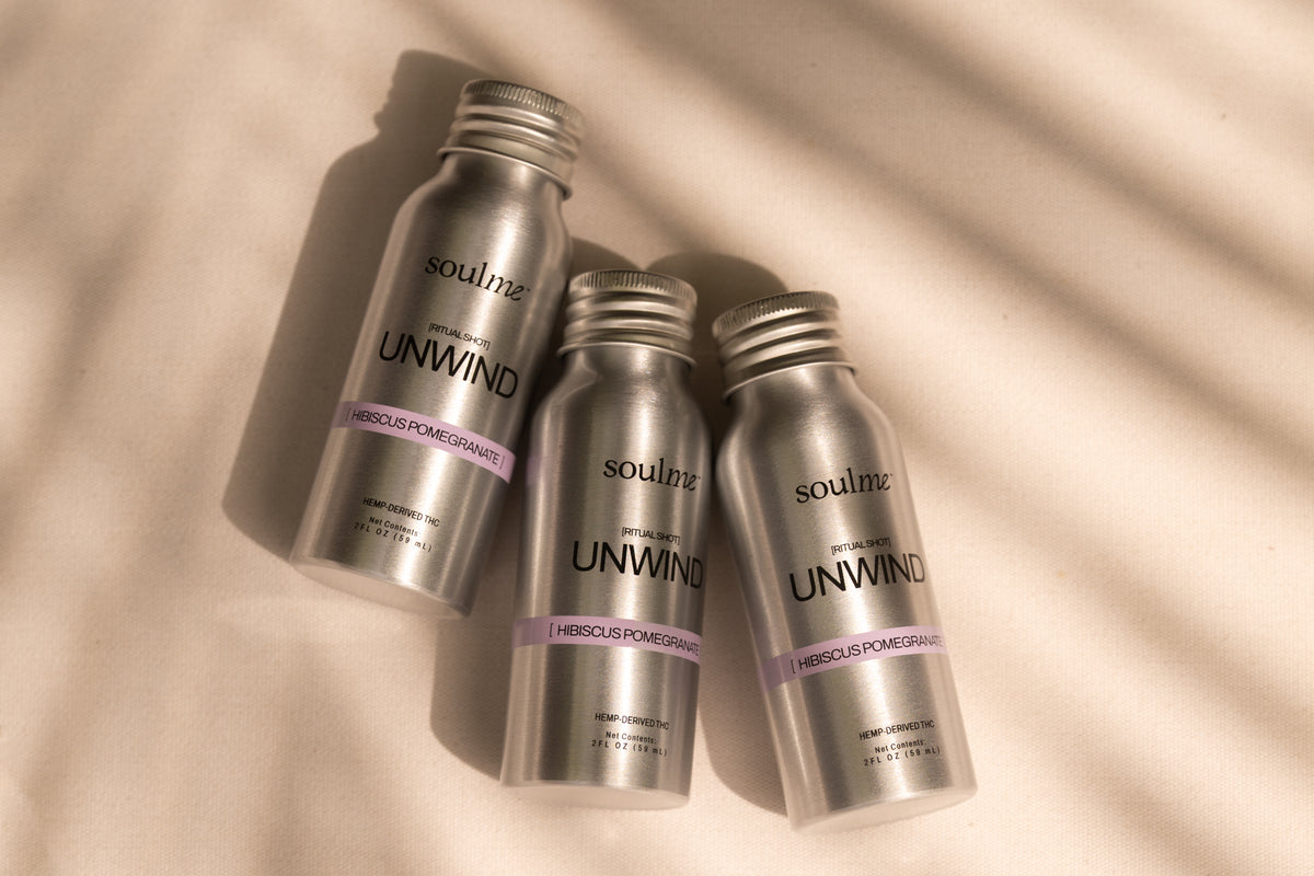 Three SoulMe Unwind Ritual Shots in hibiscus pomegranate on linen